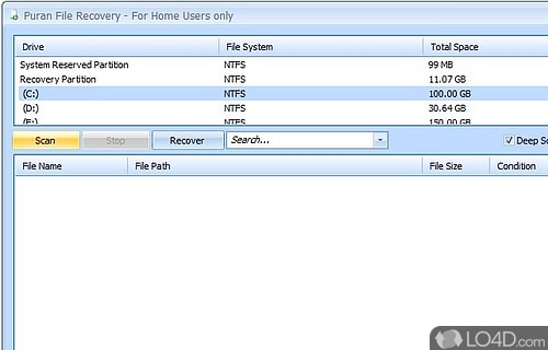 Interfaz de Puran File Recovery mostrando las unidades disponibles para escanear
