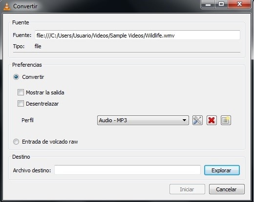 starting file conversion in VLC