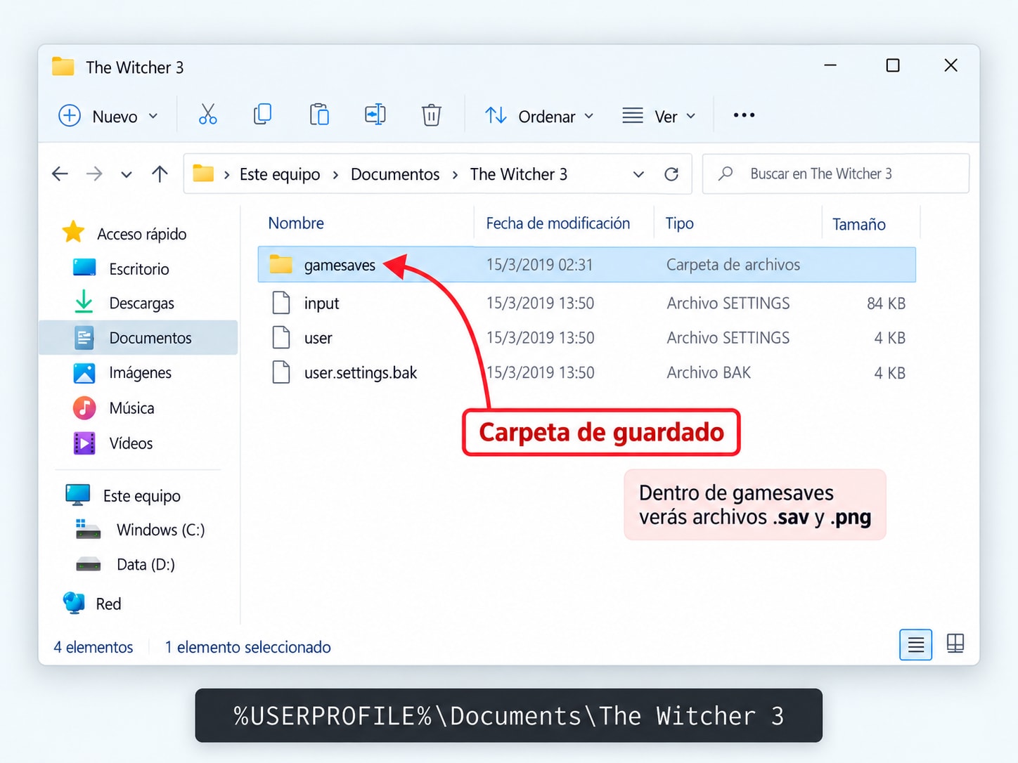 Ubicación de la carpeta gamesaves de The Witcher 3 en Documentos de Windows