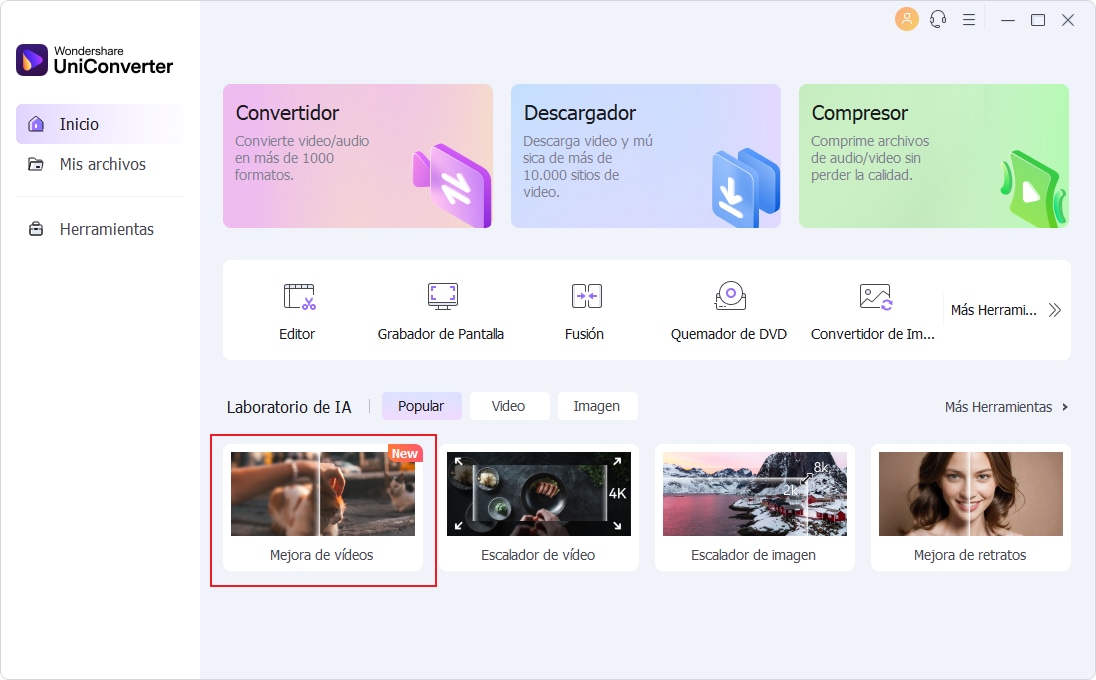 Elige la opción de mejorador de video en AI Lab