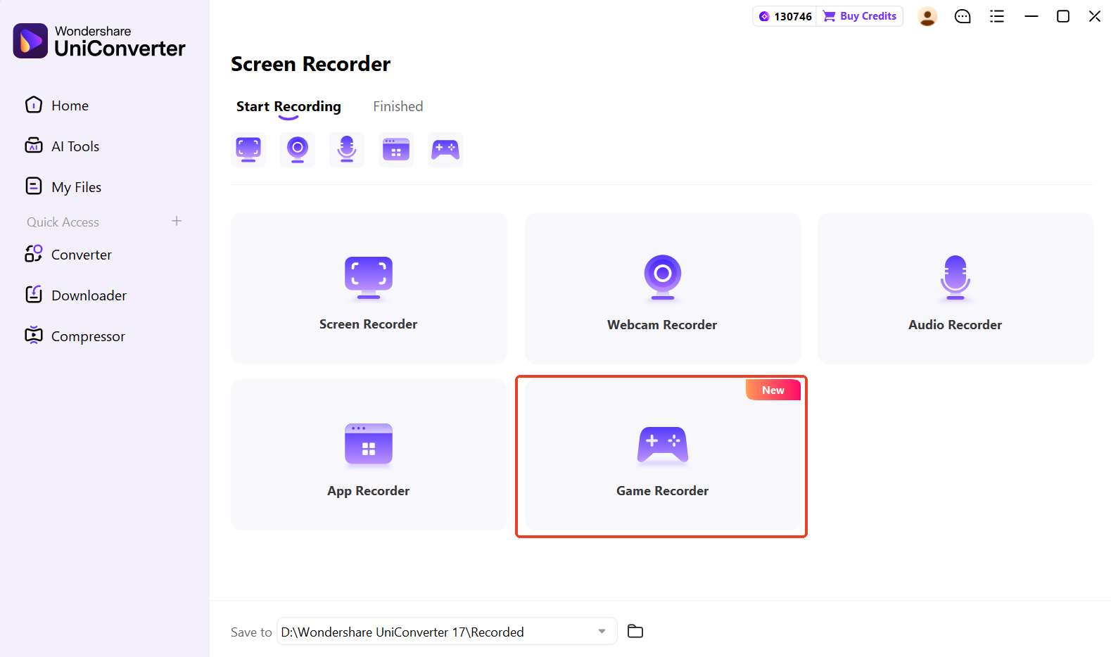 Elegir el modo Game Recorder en UniConverter
