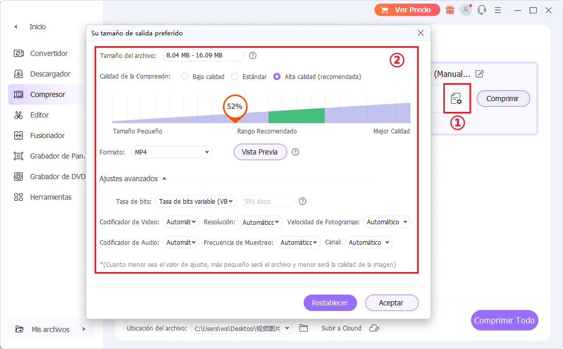 establecer la tasa de compresión en el reductor de video mb 