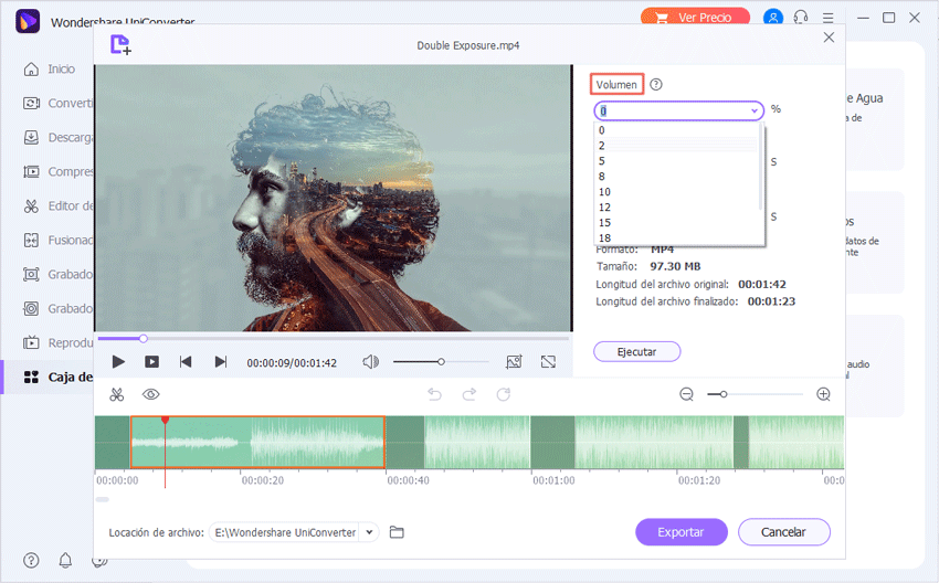 Establecer porcentaje de volumen de audio para extraer clips
